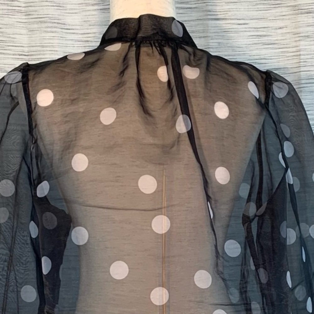 White House Black Market black and white polka-dots mesh see-through blouse. - Picture 8 of 16